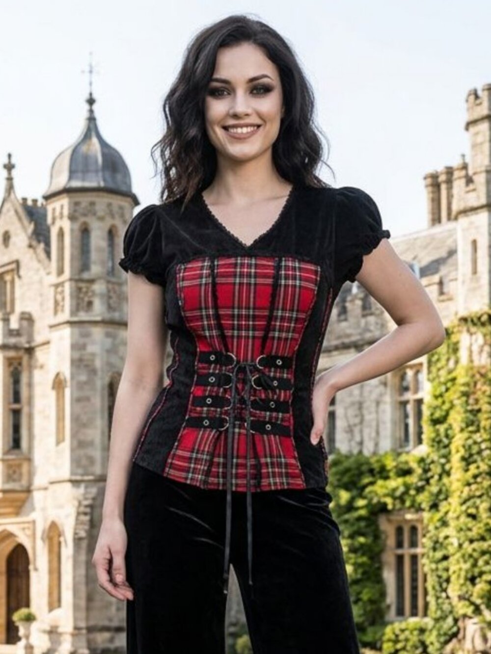 Vtg Tripp NYC red plaid corset lace up front Gothic emo whimsigoth shirt xxl